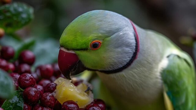 Capture the vibrant scene of an Indian ringneck parakeet enjoying fruit, with its beak stained by natural juice and detailed textures of feathers and fruit.