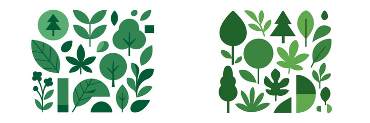 Diverse collection of stylized green leaves, trees, and natural elements in a modern flat graphic design © Alan