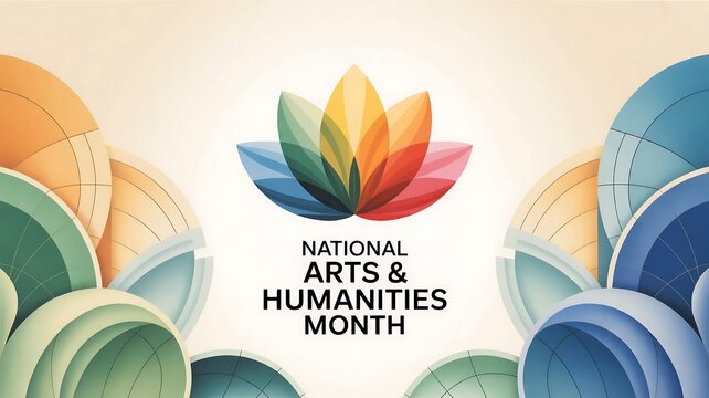 Celebrating national arts and humanities month with a vibrant colorful lotus flower emblem and abstract background