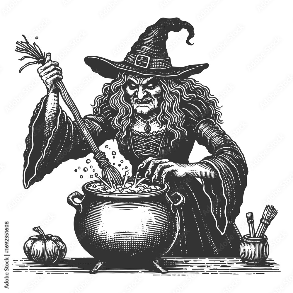 Poster wicked witch in a hat stirring a bubbling cauldron, surrounded by bats and magic sketch engraving ge