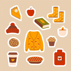 Cozy Autumn Elements Stickers, Fall Hand Drawn Icons Flat Illustrations