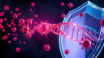 Pink coronavirus cells attacking a dna strand with a blue shield in the background protection concept