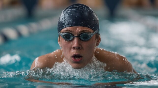 Competitive swimmer propels through water with intensity during training in a modern indoor pool