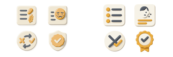Set of line icons for allergy tests, skin conditions like acne and rash, gluten intolerance, and symbols for quality certification and approval