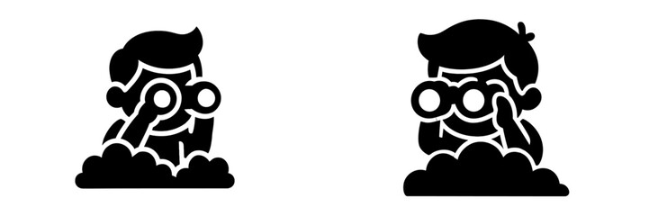 Black silhouette icon set of a person with binoculars hiding in a bush for concepts of spying, searching, and observation