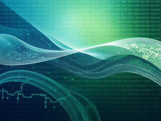 Abstract binary code background with flowing waves and circuit board design