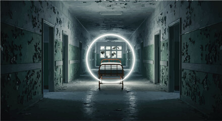 Eerie hospital hallway with a glowing portal above a hospital bed, evoking mystery and the unknown.
