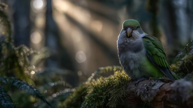 A solitary parakeet basks in a divine spotlight as golden hour sunbeams pierce the rainforest canopy.