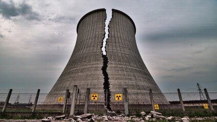 Gigantic Cooling Towers Showcasing Damage at an Abandoned Industrial Site Under a Cloudy Sky