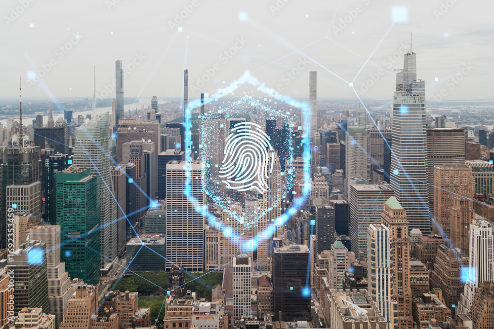 Poster aerial view of manhattan with a holographic fingerprint scan overlay, symbolizing security and techn