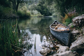 Tranquil River Scene: Canoe on Shoreline with Forest Backdrop