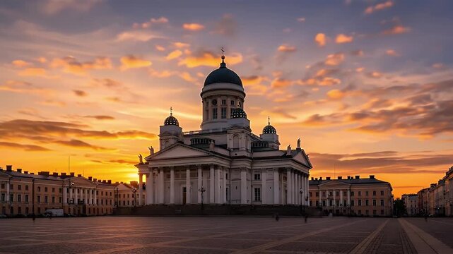 Helsinki Cathedral in Senate Square during a dramatic and beautiful golden sunset, a famous landmark in Finland.