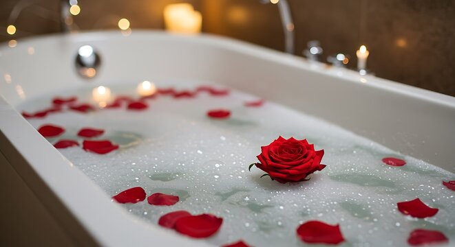 Red rose and petals floating in a bubbly bathtub with candles rose petals - Powered by Adobe