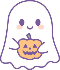 Cute Pastel Halloween Ghost Holding Pumpkin