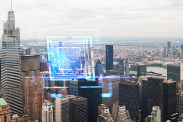 A double exposure of a futuristic hologram overlaying a dense cityscape, with skyscrapers in...