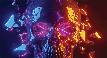 Fractured neon skull exploding with vibrant, glowing energy in a dark, futuristic abstract.