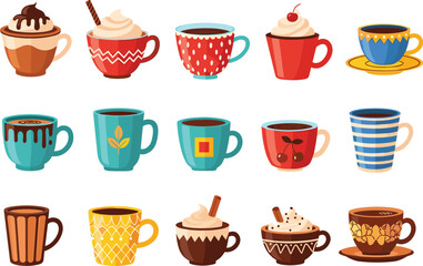 Colorful set of coffee cups with different patterns, styles, and toppings, perfect for cafe, breakfast, beverage, and hot drink design.