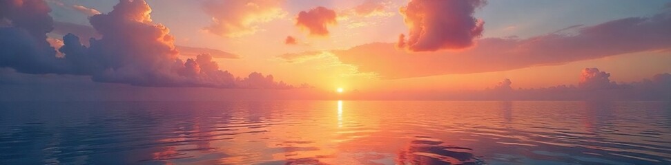 Fototapeta premium Serene sunrise paints the ocean sky with vibrant hues of orange, pink, and gold, reflecting beautifully on the calm water Perfect for travel, nature, and serenity themes , atmosphere, orange, scenic