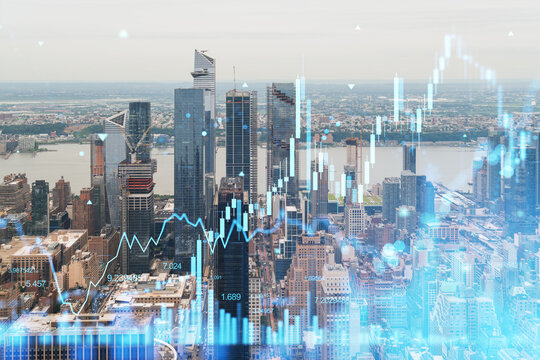 Aerial view of Manhattan with futuristic holographic financial graphs overlay. Photograph with digital graphics and cityscape background. Double exposure - Powered by Adobe