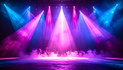 Concert Stage with Vibrant Pink and Blue Spotlights, Smoke Effect, Surreal Performance Atmosphere