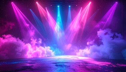Concert Stage with Vibrant Pink and Blue Spotlights, Smoke Effect, Surreal Performance Atmosphere