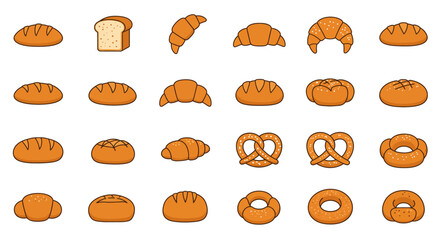 A collection of various baked goods including bread, croissants, pretzels, and bagels, presented in a grid format.