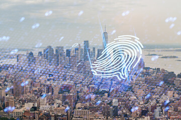 New York cityscape with a fingerprint hologram overlay. Photorealistic style, city in daylight, concept of security technology. Double exposure