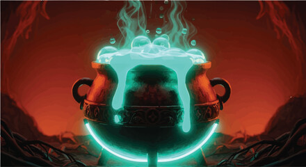 Mystical cauldron bubbling with glowing potion in dark, magical setting