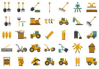 A comprehensive collection of flat design icons representing various farming tools, agricultural machinery, and equipment.
