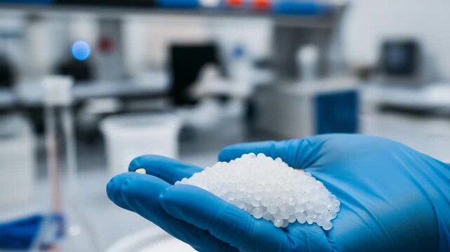Close-up of laboratory glove holding white polymer pellets with blurred scientific background, photorealistic cinematic concept of plastic materials and polymer research.