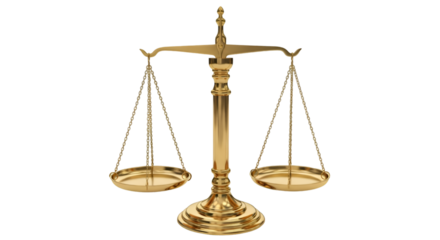 Scales justice law balance legal court symbol golden judgment equality crime fair on transparent background