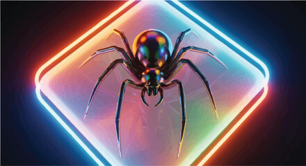 Glossy spider with iridescent body poised within a glowing neon diamond frame on a dark background.