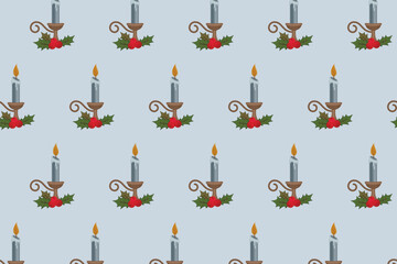 Christmas Candle Pattern swatch available in swatches panel, Festive Holiday Seamless Design with Holly Leaves and Burning Candle