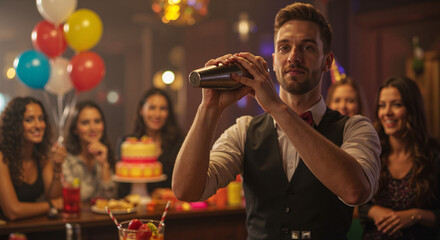 Bartender shaking cocktail while serving drinks at lively party  