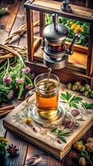 Fototapeta premium Photo of a glass of amber tea steeps in a clear mug placed on an old book surrounded by herbs, spices, and a vintage tea press, evoking a sense of rustic comfort