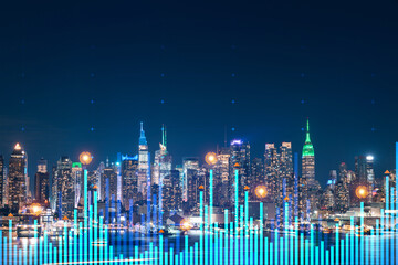 Skyscrapers Cityscape Downtown View, New York Skyline Buildings. Beautiful Real Estate. Night time....