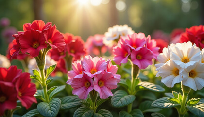 Fototapeta premium Colorful flowers blooming in garden under soft sunlight 
