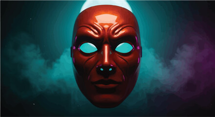 Mysterious glowing mask shrouded in atmospheric smoke, evoking intrigue and the unknown.