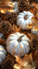 Beautiful arrangement of white pumpkins and pine cones amidst vibrant autumn leaves, capturing the essence of fall.