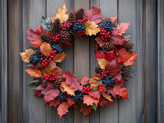 Beautiful autumn wreath decor made of colorful leaves, pinecones, and berries, perfect for seasonal display.