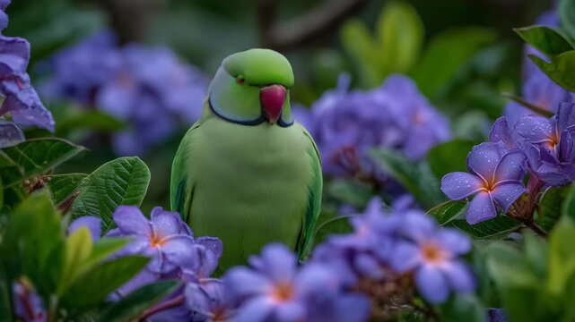 A vibrant Indian ringneck parakeet perches among blooming tropical flowers, its plumage gently ruffled by a soft breeze in a lush jungle setting.