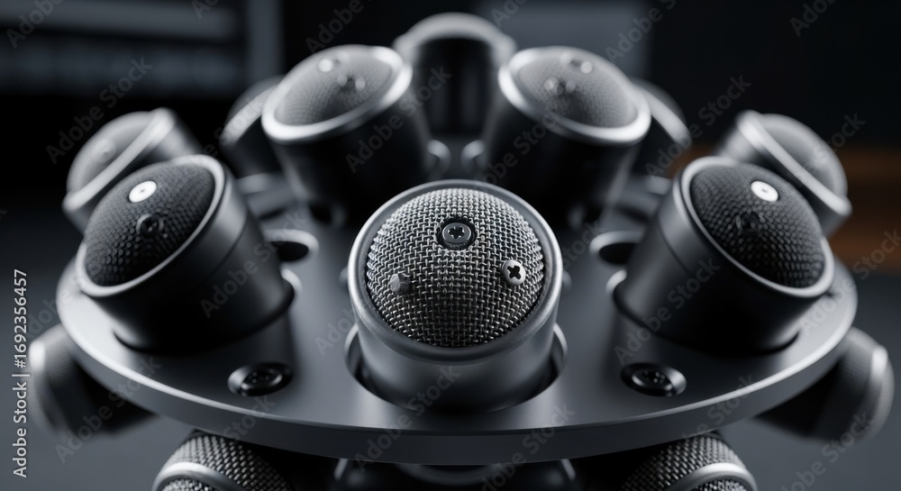 Poster macro shot of the intricate capsules on a 3d ambisonic microphone rig highlighting the precision des