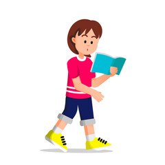 A little girl walks while reading a book