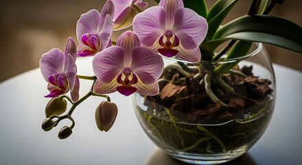 Elegant Orchid Display - A Close-Up of Floral Beauty in Glass Vase.