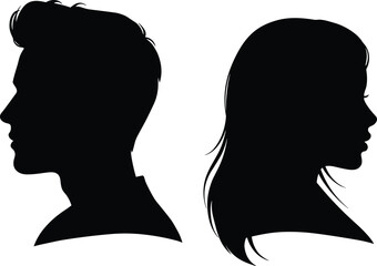 Silhouette profile of man and woman facing opposite directions, black and white vector art concept for relationship, gender, communication themes