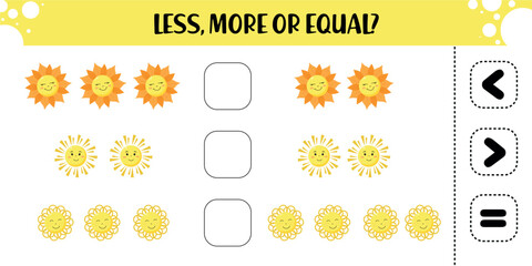 Educational Less, More or Equal Activity with Happy Sun