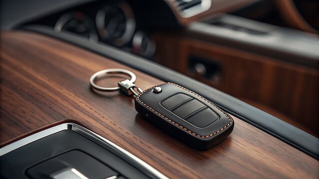 Car key on a wooden dashboard, ideal for automotiverelated designs, car rental services, vehicle security, car sales advertising, car locksmith services.