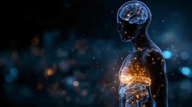 The man's chest is lit up with a glowing heart. Silhouette human with gut glowing microbiome bacteria and brain overlay glowing particles, gut brain axis dark sci-tech background