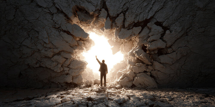 Person Breaking Through Stone Wall. Symbol of overcoming obstacles and personal strength. Great for motivational content or achievement campaigns.