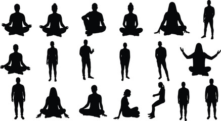 Silhouettes of men and women in meditation, yoga, sitting and standing poses, black vector collection for wellness, mindfulness, lifestyle design